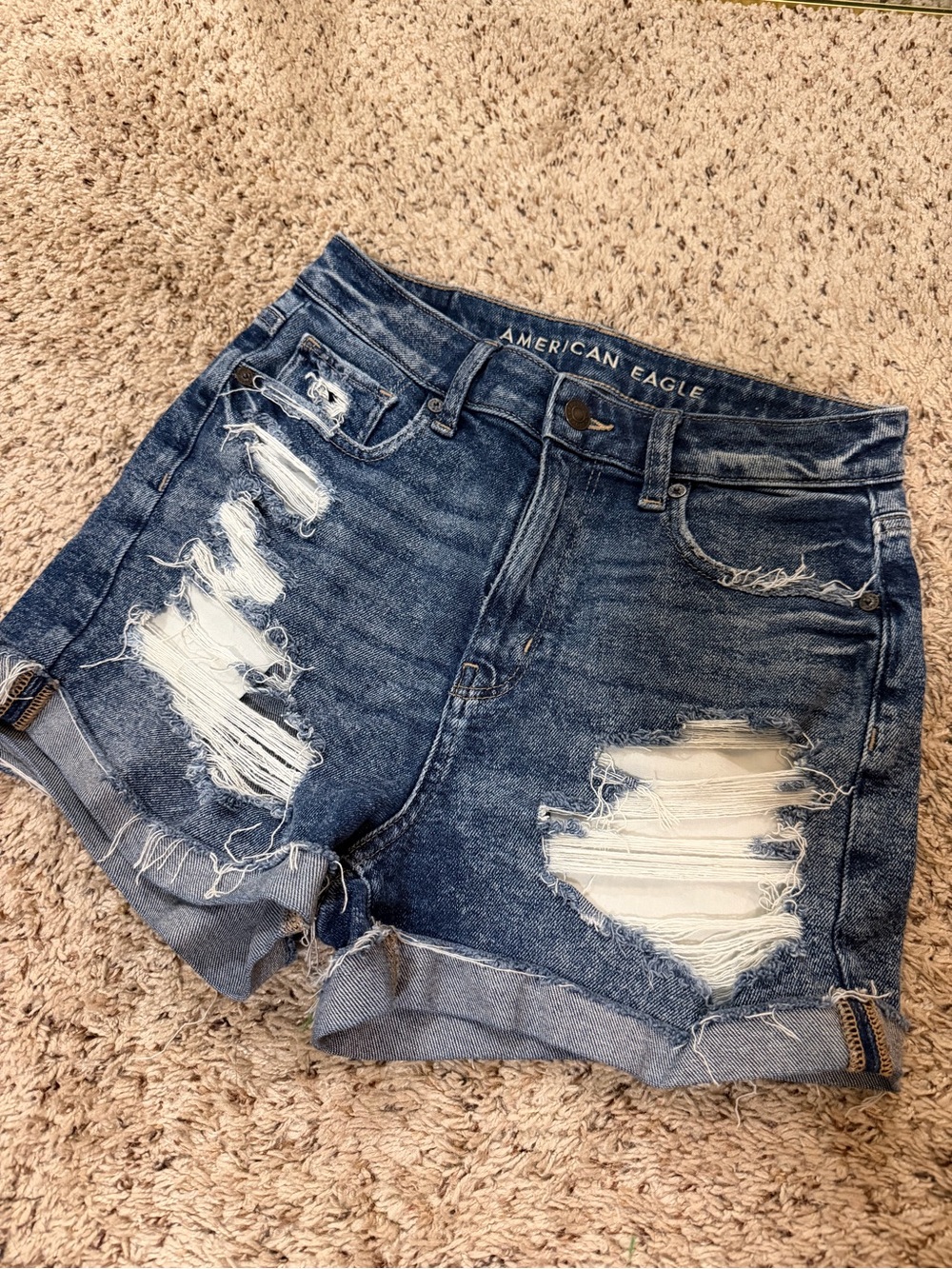 American Eagle Outfitters Distressed High-Rise Denim Shorts - Blue